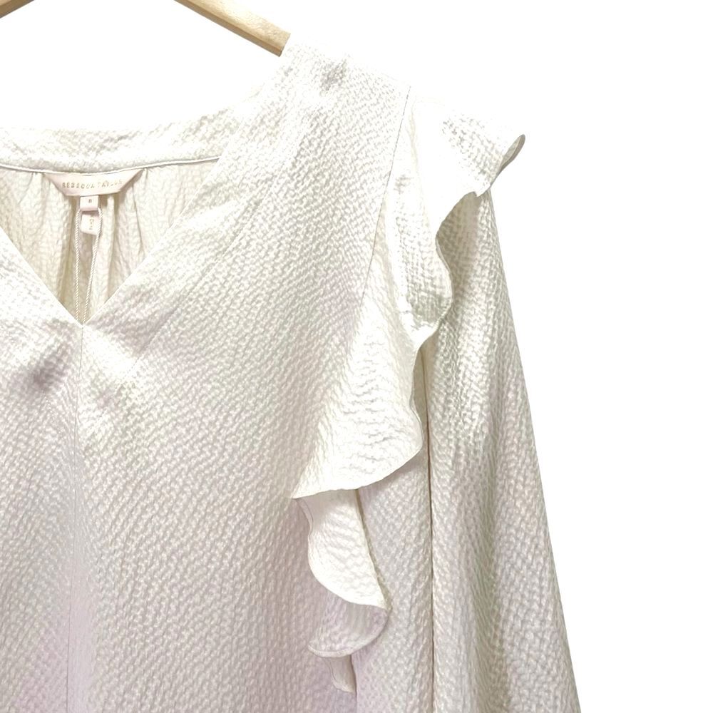 NWT Rebecca Taylor 100% Silk Ruffle Blouse Size 8 Ivory V-Neck $295 Long Sleeve - Picture 8 of 16